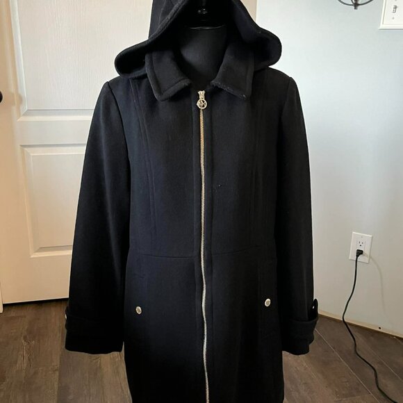 Michael Kors Women's Petite size PXL Black Wool Blend Full Zip Hooded Coat - Picture 2 of 8